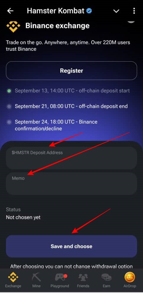 Deposit Hamster on Binance